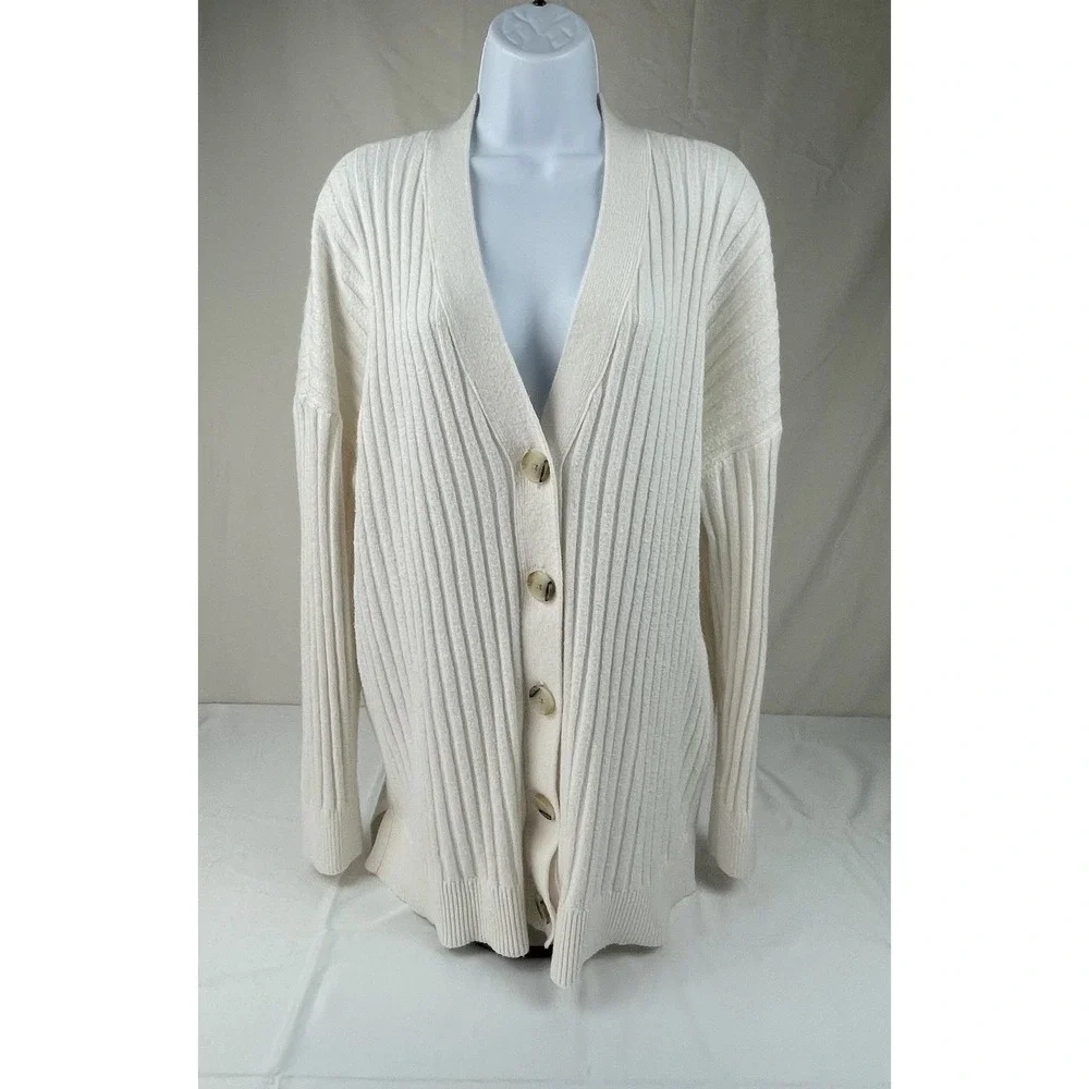 LOFT WOMENS IVORY RIBBED BUTTON FRONT CARDIGAN SWEATER SIZE M SOFT KNIT
